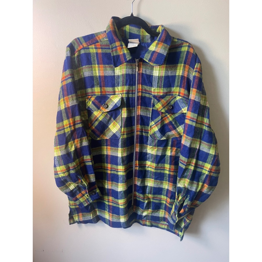 Essentials Style Mens Blue Green Plaid Zip Up Flannel Lined Shirt Jacket Large